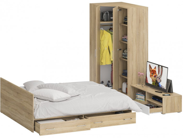 Спальня Стандарт 4-1800Я, дуб сонома/фасады ТВ тумбы МДФ белый глянец