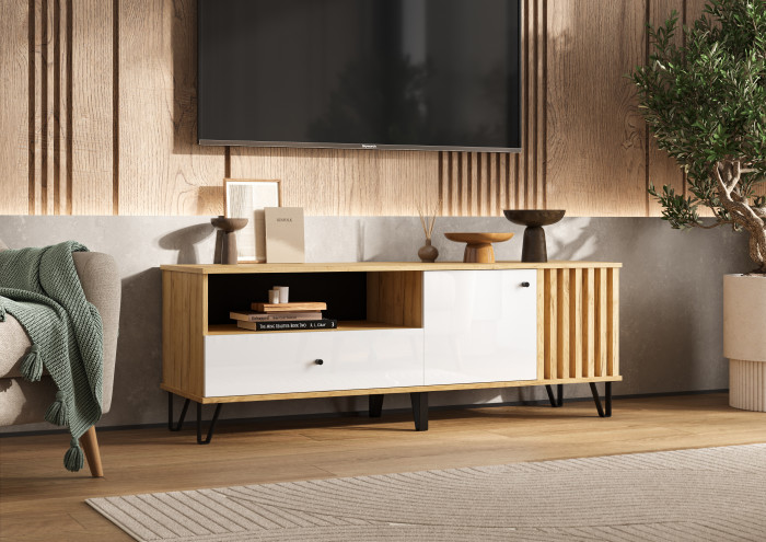 Роджинамиф Тумба ТВ 1500, Дуб крафт/Белый глянец