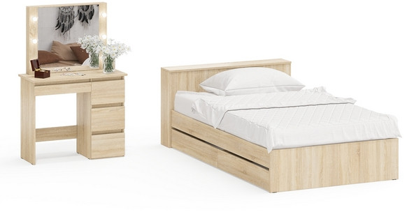 Ксения Кровать с ящиками 1200 + Стол косметический с подсветкой Сура, дуб сонома