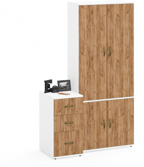 Лидер-8 Шкаф МД 20Б + Тумба МД 3.16, белый шагрень/крафт золото