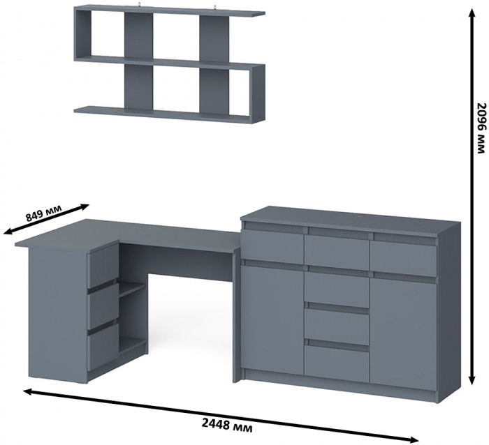 Мори компьютерный стол МС-16 левый + Комод МК1200.4 + Полка 1200, графит