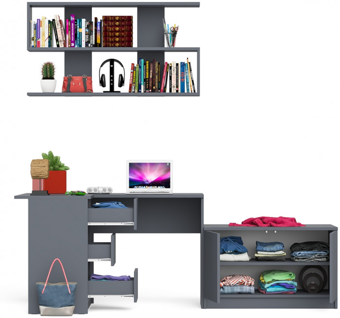 Мори компьютерный стол МС-16 левый + Тумба МА900.1 + Полка 1200, графит