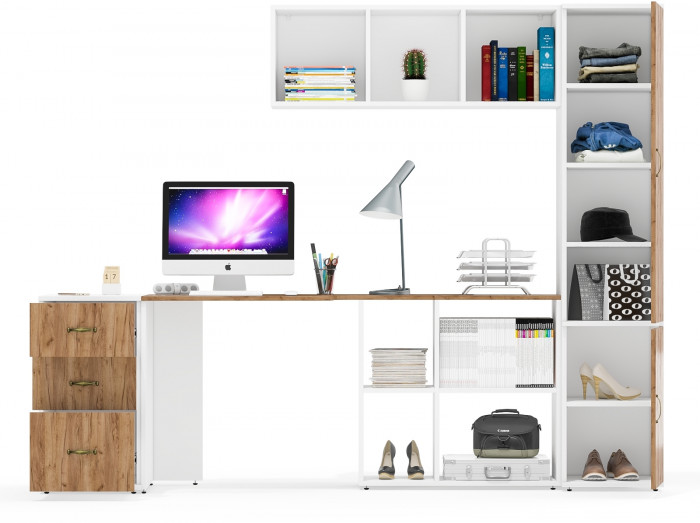 Лидер-8 Стол + Полка + Тумба МД 3.16 + Пенал МД 22Б, цвет белый шагрень/крафт золото, ШхГхВ 245х50/37,5х75/190 или 155х120/50х75/190 см., НЕ ун. сб.