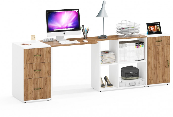 Лидер-8 Стол + Тумба МД 3.15 + Тумба МД 3.16, цвет белый шагрень/крафт золото, ШхГхВ 245х50/30х75 см. или 115х50/160х75 см., НЕ универсальная сборка