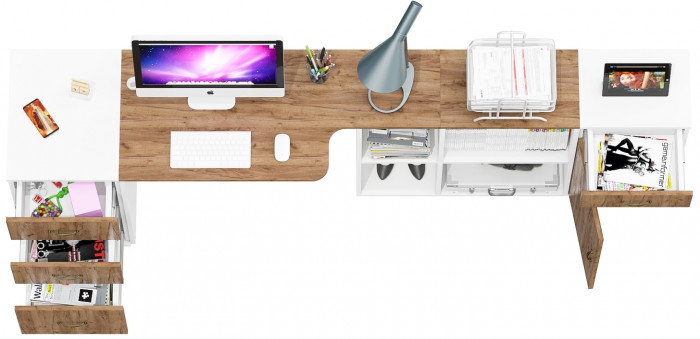 Лидер-8 Стол + Тумба МД 3.15 + Тумба МД 3.16, цвет белый шагрень/крафт золото, ШхГхВ 245х50/30х75 см. или 115х50/160х75 см., НЕ универсальная сборка