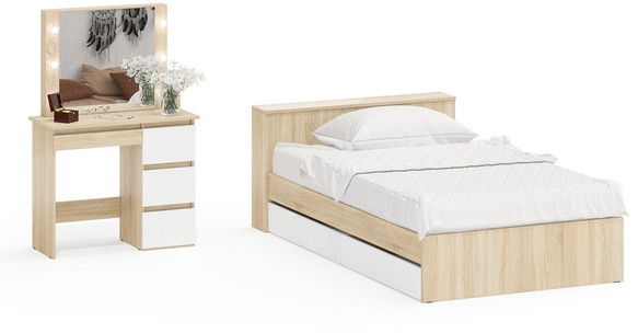 Ксения Кровать с ящиками 1200 + Стол косметический с подсветкой Сура, дуб сонома/белый
