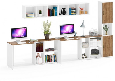 Лидер-8 Стол + Полка + Стол + Полка + Пенал, белый шагрень/крафт золото