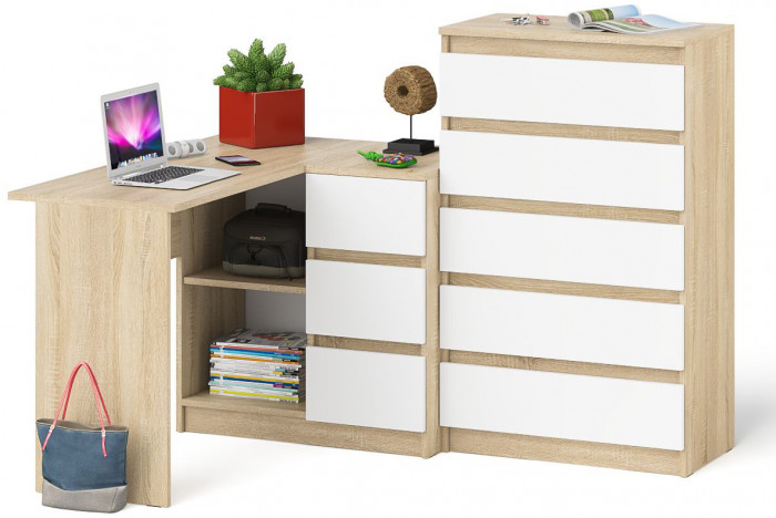 Мори компьютерный стол МС-16 правый + Комод МК700.5, дуб сонома/белый