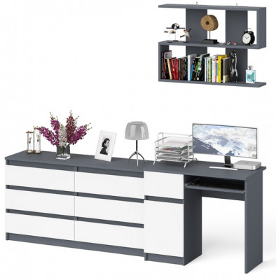 Мори компьютерный стол МС-1 левый + Комод МК1380.6 + Полка 900, графит/белый