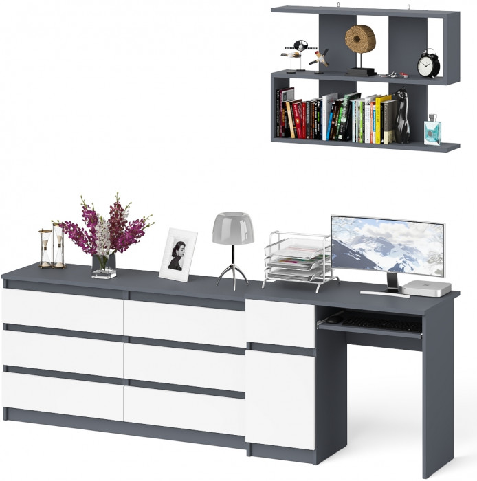 Мори компьютерный стол МС-1 левый + Комод МК1380.6 + Полка 900, графит/белый