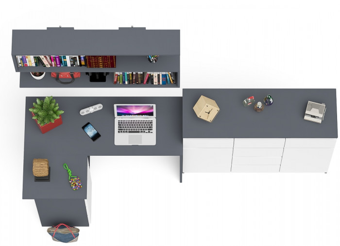 Мори компьютерный стол МС-16 левый + Комод МК1200.4 + Полка 1200, графит/белый