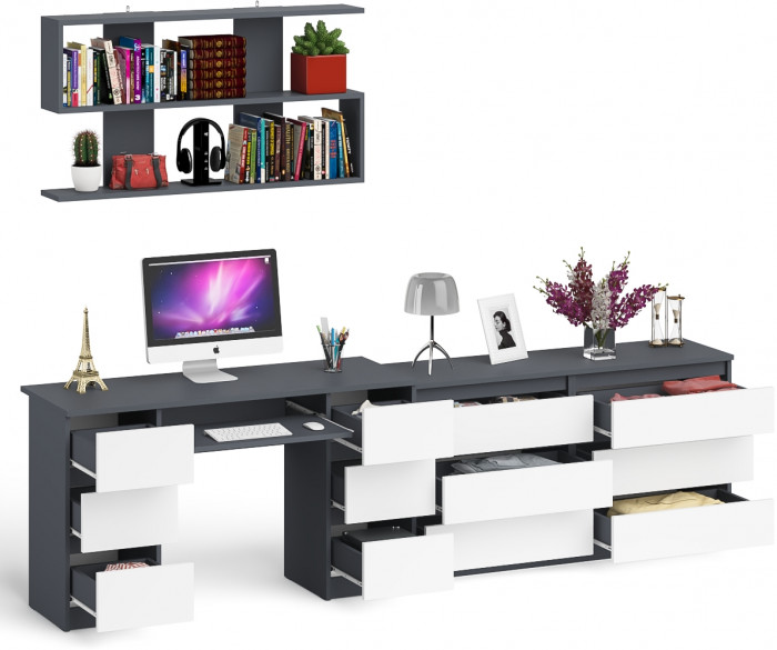Мори компьютерный стол МС-2 + Комод МК1380.6 + Полка 1200, графит/белый
