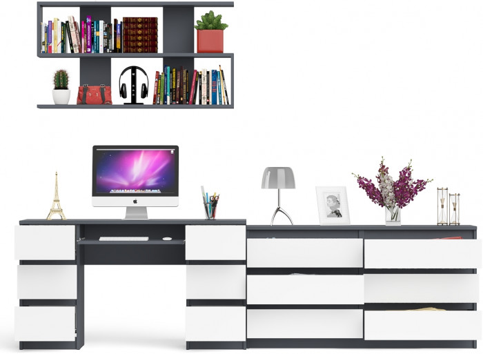 Мори компьютерный стол МС-2 + Комод МК1380.6 + Полка 1200, графит/белый