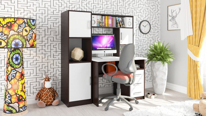 Стол компьютерный С-МД-СК9+Пенал С-МД-СК9П, цвет венге/белый шагрень, ШхГхВ 145х70х160 см., НЕ универсальная сборка