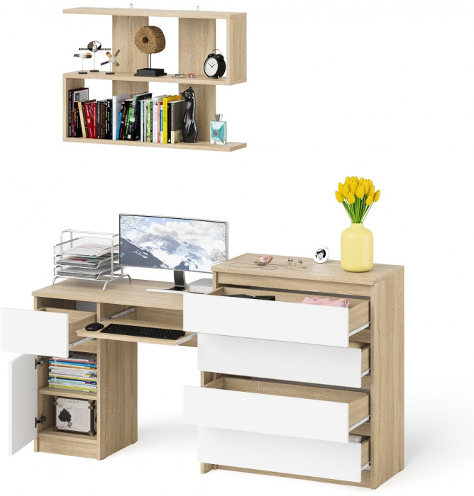 Мори Стол компьютерный МС-1 левый + Комод МК800.4 + Полка 900, цвет дуб сонома/белый, ШхГхВ 170,4х50х209,6 см., НЕ универсальная сборка
