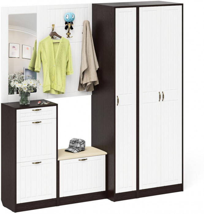 Прихожая П-6 Компоновка № 51, венге/фасады МДФ белое дерево фрезеровка прованс