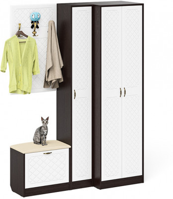 Прихожая П-6 Компоновка № 27, цвет венге/фасады МДФ белое дерево фрезеровка ромб, ШхГхВ 150х50х210 см., универсальная сборка