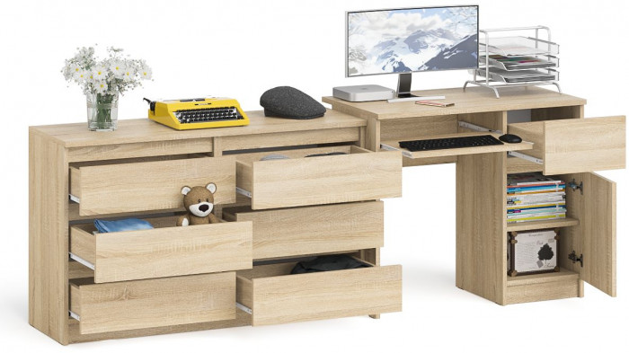 Мори компьютерный стол МС-1 правый + Комод МК1200.6, дуб сонома