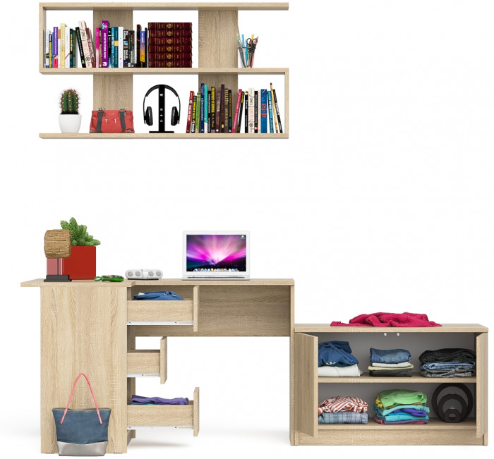 Мори компьютерный стол МС-16 левый + Тумба МА900.1 + Полка 1200, дуб сонома