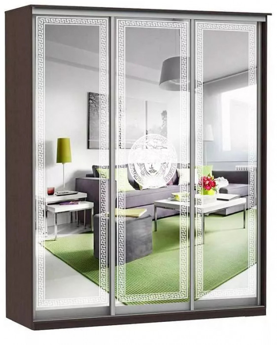 Шкаф купе Модерн 2076х600 3-х дверный 3-х секционный зеркальный с пескоструем №1 венге