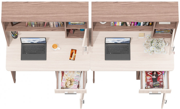 Два стола письменных с надстройкой С-МД-1-09Н, ясень шимо светлый/ясень шимо тёмный