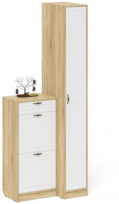 Прихожая П-6 Компоновка № 42, цвет дуб сонома/фасады МДФ белое дерево фрезеровка прованс, ШхГхВ 80х50х210 см., универсальная сборка