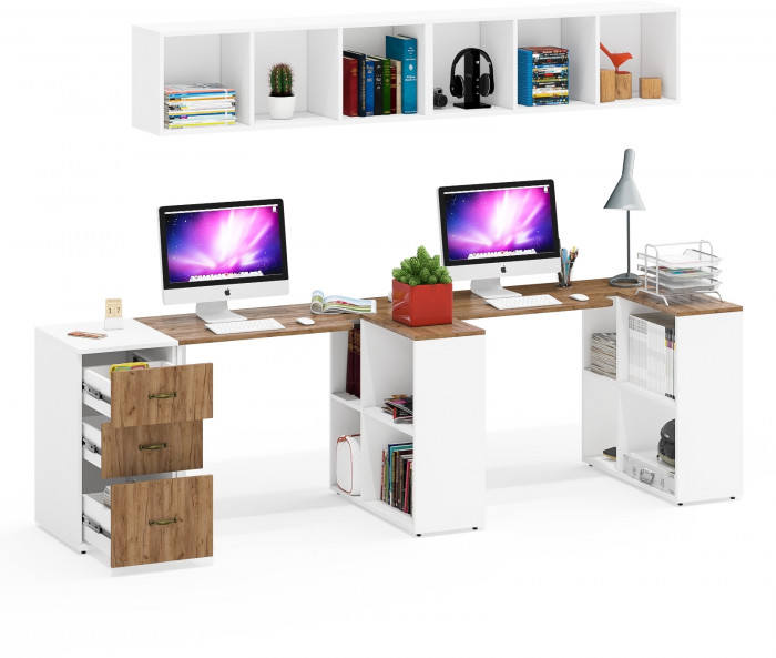 Лидер-8 Стол + Полка + Стол + Полка + Тумба МД 3.16, белый шагрень/крафт золото