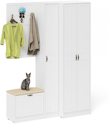 Прихожая П-6 Компоновка № 27, белая шагрень/фасады МДФ белое дерево фрезеровка прованс