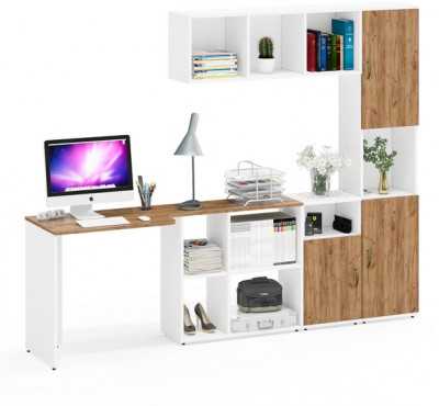 Лидер-8 Стол + Полка + Тумба МД 3.19 + Пенал, белый шагрень/крафт золото