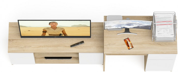 Мори компьютерный стол МС-1 правый + Тумба МТВ1200.1, дуб сонома/белый