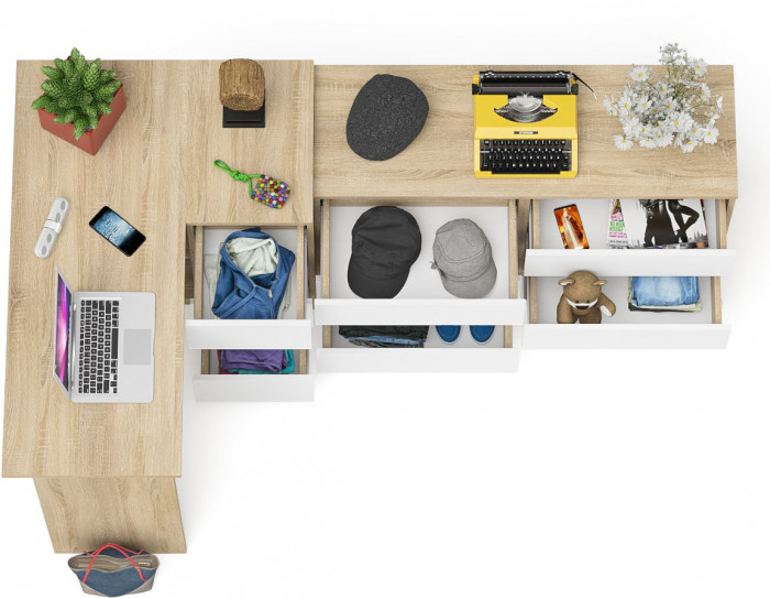 Мори компьютерный стол МС-16 правый + Комод МК1200.6, дуб сонома/белый