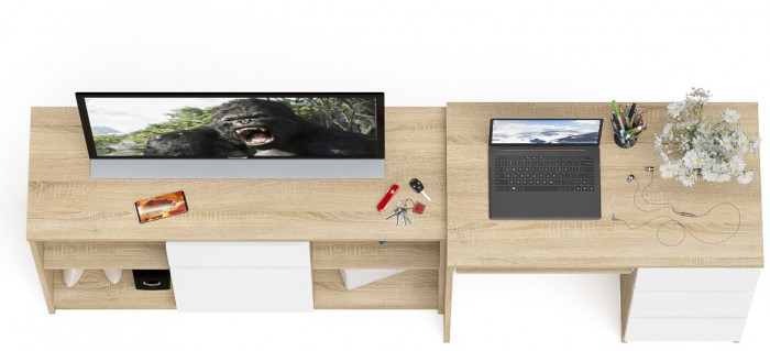 Мори компьютерный стол МС-6 правый + Тумба МТВ1204.1, дуб сонома/белый