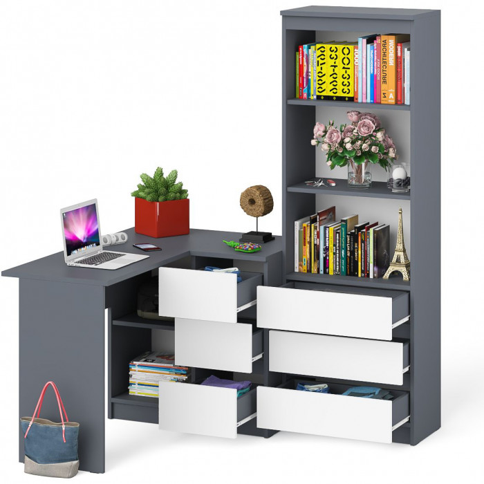 Мори Стол компьютерный МС-16 правый + Стеллаж МСТ600.3, цвет графит/белый, ШхГхВ 184,8х84,9х179,6 см., выдвижные ящики справа, НЕ универсальная сборка