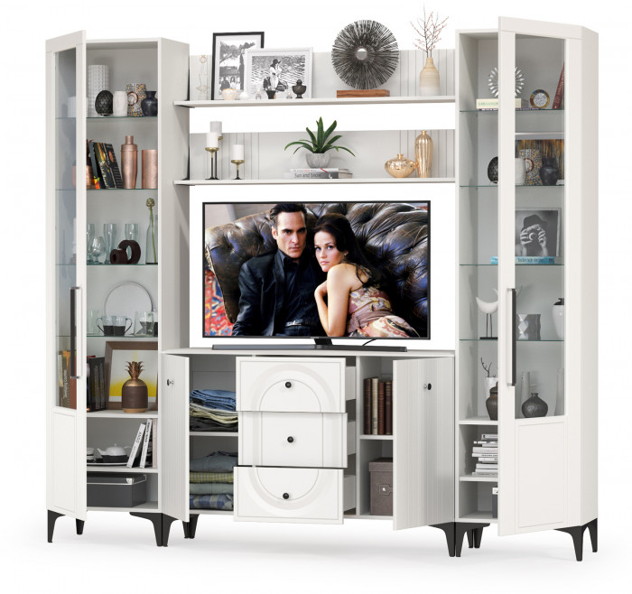 Валенсия Гостиная № 101, цвет ЛДСП белый шагрень/МДФ белый шагрень, ШхГхВ 243,2х38,4х225,2 см., ниша для ТВ 133х38х90 см.