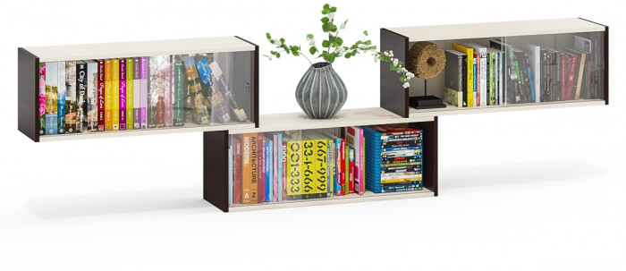 Три полки книжных С-МД-КН01, цвет венге/дуб, ШхГхВ размер каждой полки в отдельности: 83х25х30 см., стеклянные дверцы