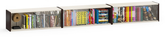 Три полки книжных С-МД-КН01, цвет венге/дуб, ШхГхВ размер каждой полки в отдельности: 83х25х30 см., стеклянные дверцы