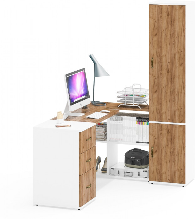 Лидер-8 Стол + Тумба МД 3.16 + Пенал МД 21Б, цвет белый шагрень/крафт золото, ШхГхВ 245х50/37,5х75/190 или 155х120/50х75/190 см., НЕ ун. сборка