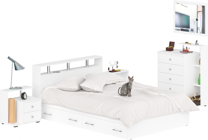 Камелия спальня № 12 Кровать с ящиками 1400 + Две тумбы + Комод + Зеркало, цвет белый, сп.м. 1400х2000 мм., б/м, основание есть