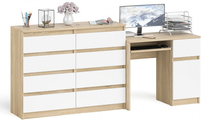 Мори компьютерный стол МС-1 правый + Комод МК1200.8, дуб сонома/белый