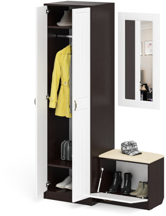 Прихожая П-6 Компоновка № 11, цвет венге/фасады МДФ белое дерево фрезеровка прованс, ШхГхВ 120х50х210 см., универсальная сборка