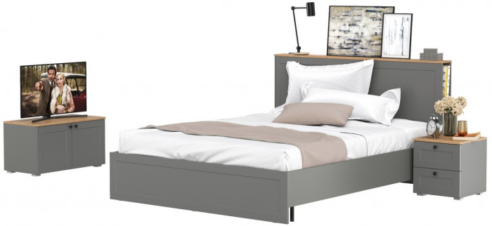 Остин 11.53 Кровать + ортопед + 16.152 Тумба прикроватная + 13.257 Тумба, серый графит/дуб крафт золотой
