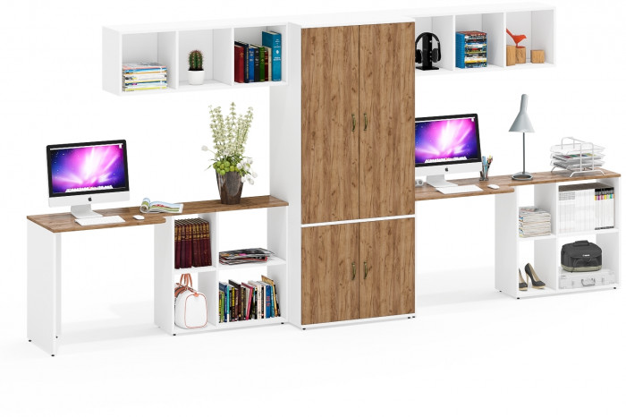 Лидер-8 Стол + Полка + Стол + Полка + Шкаф МД 19Б, белый шагрень/крафт золото