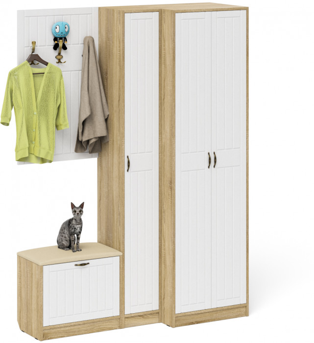 Прихожая П-6 Компоновка № 27, дуб сонома/фасады МДФ белое дерево фрезеровка прованс