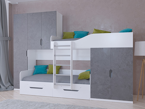 Кровать двухъярусная ЛЕО Белый/Железный камень