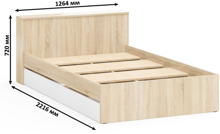 Ксения Кровать с ящиками 1200, дуб сонома/белый