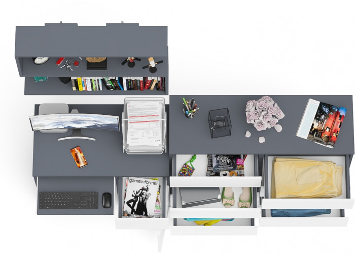 Мори компьютерный стол МС-1 правый + Комод МК1200.8 + Полка 900, графит/белый