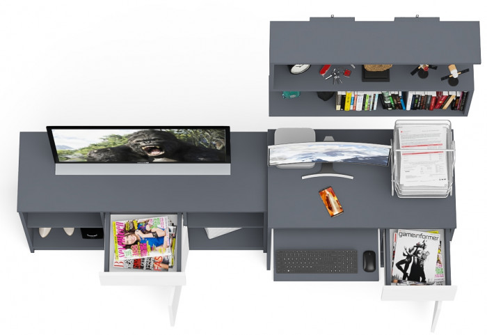 Мори компьютерный стол МС-1 правый + Тумба МТВ1204.1 + Полка 900, графит/белый