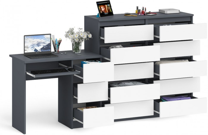 Мори компьютерный стол МС-6 правый + Комод МК1200.10, графит/белый