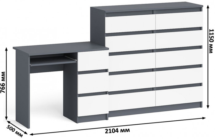 Мори компьютерный стол МС-6 правый + Комод МК1200.10, графит/белый