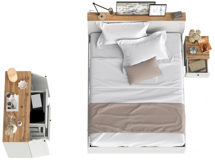 Остин 11.53 Кровать + ортопед + 16.152 Тумба прикроватная + 16.221 Комод, белый шагрень/дуб крафт золотой